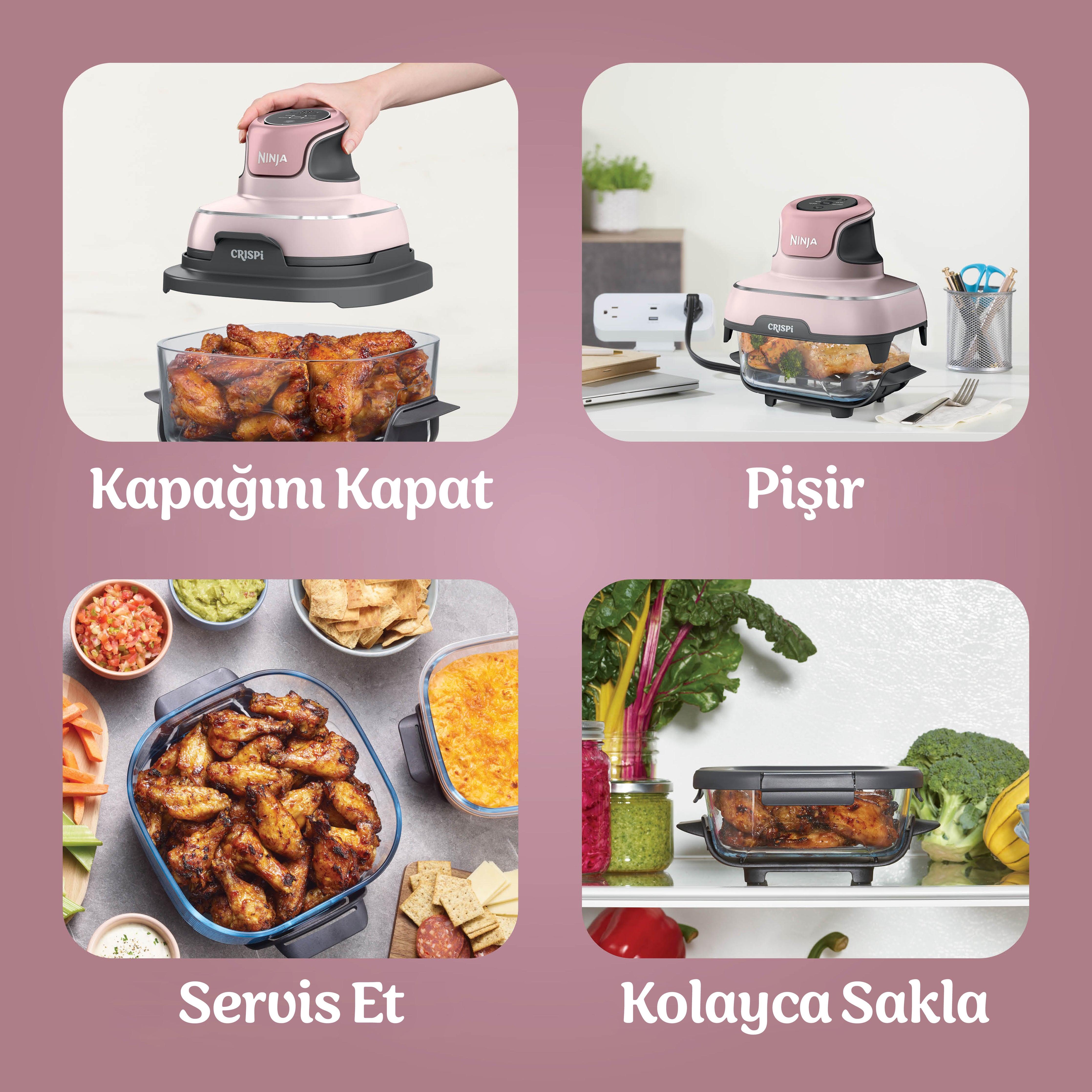 Ninja CRISPi 4-in-1 Taşınabilir Cam Hazneli Pişirme Sistemi - Pink